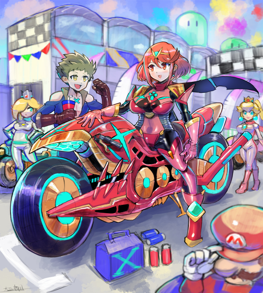 bodysuit breasts crossover gloves ground_vehicle highres large_breasts mario_kart motor_vehicle motorcycle oomasa_teikoku princess_peach pyra_(xenoblade) red_eyes red_hair rex_(xenoblade) rosalina skin_tight xenoblade_chronicles_(series) xenoblade_chronicles_2