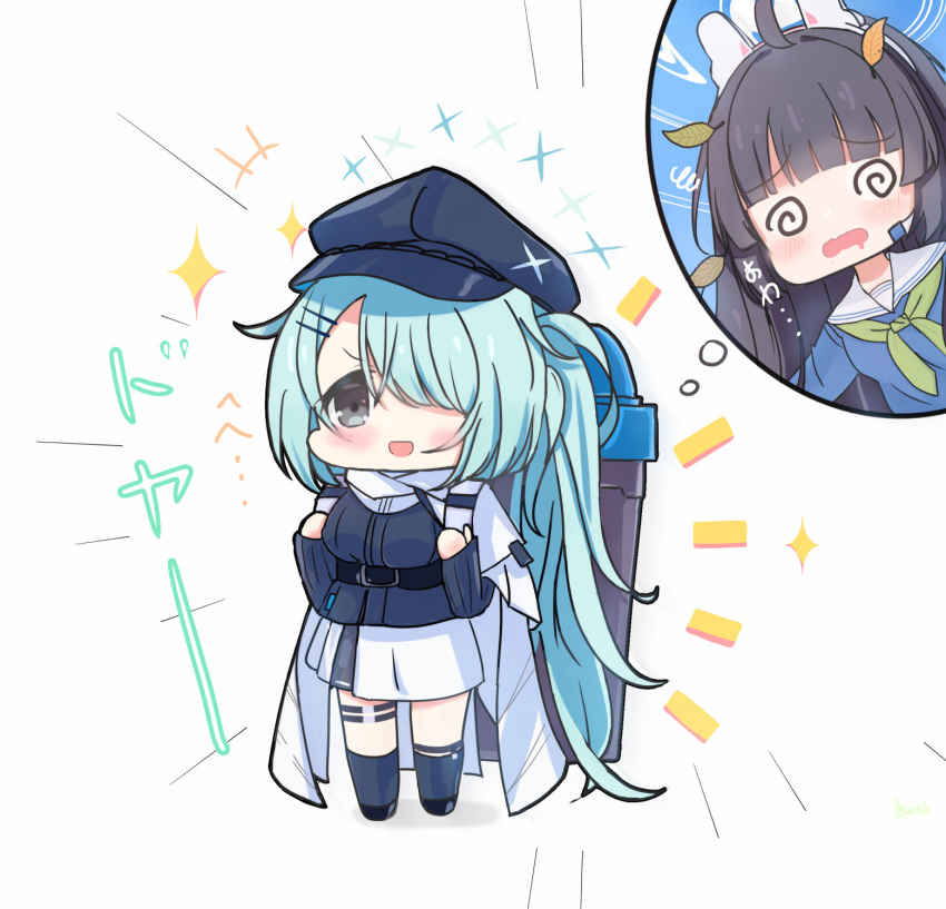 2girls :d @_@ animal_ears aqua_eyes bangs black_hair blue_archive blunt_bangs cabbie_hat cape carrying chibi commentary_request eyebrows_visible_through_hair fake_animal_ears full_body grey_eyes hair_ornament hair_over_one_eye hairclip hat headset highres hiyori_(blue_archive) leaf leaf_on_head long_hair long_sleeves miyu_(blue_archive) multiple_girls osakilo piggyback rabbit_ears recycle_bin school_uniform serafuku side_ponytail sidelocks simple_background smile sparkle spoken_character standing thought_bubble translation_request v-shaped_eyebrows white_background white_cape