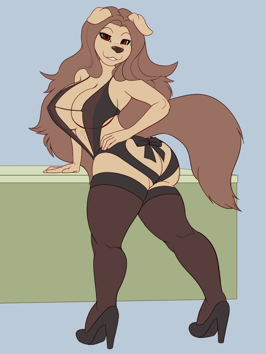 3:4 anthro big_breasts black_high_heels breasts brown_body brown_eyes brown_hair butt canid canine canis clothing domestic_dog female general-irrelevant hair hand_on_hip hi_res legwear looking_at_viewer mammal ribbons simple_background smile solo thigh_highs