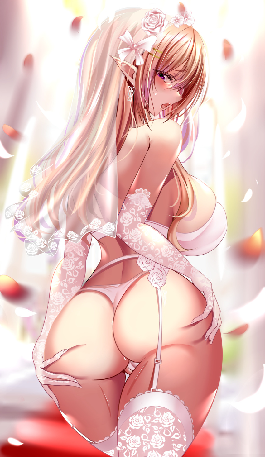 1girl ass bangs blush bow bra breasts brown_hair cowboy_shot dress earrings elbow_gloves elf floral_print flower from_behind garter_straps gloves hair_bow hair_flower hair_ornament hand_on_hip highres huge_breasts jewelry kuro_(tbm9187) lace large_breasts lingerie long_hair looking_at_viewer looking_back multicolored_hair open_mouth original panties pink_eyes pointy_ears purple_hair pussy_juice rose_print skindentation solo thighhighs two-tone_hair underwear veil white_bra white_legwear white_panties