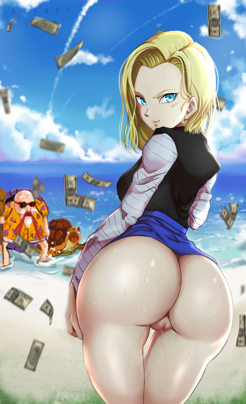 1girl absurdres android_18 arm_at_side ass ass_focus black_shirt blonde_hair blue_eyes blue_sky bottomless breasts cloud cloudy_sky commission curvy dragon_ball dragon_ball_z earrings from_behind grass grin hair_behind_ear highres huge_ass jewelry long_sleeves looking_at_viewer looking_back medium_breasts money muten_roushi no_panties no_pants ocean pussy sand shirt short_hair sky sleeves_past_wrists smile smirk thick_thighs thigh_gap thighs uncensored water wet wide_hips