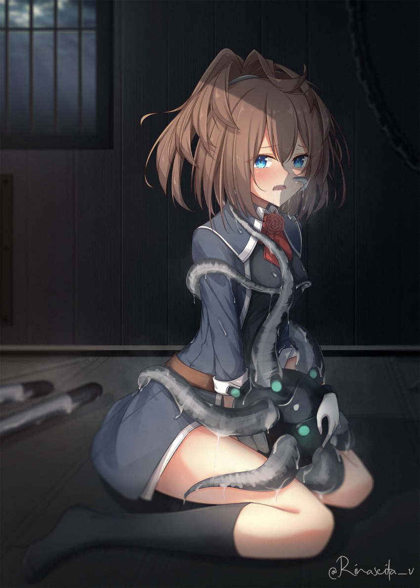 1girl abyssal_ship ascot aticsanir belt black_legwear blue_eyes breasts brown_belt brown_hair enemy_naval_mine_(kancolle) flower gloves highres kantai_collection kneehighs long_hair messy_hair military military_uniform neck_flower red_ascot red_flower red_rose rose sheffield_(kancolle) sitting small_breasts tentacles torpedo uniform white_gloves