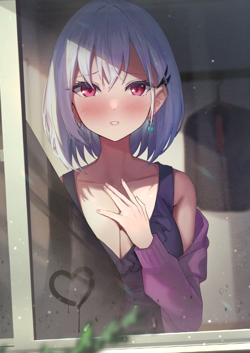 1girl absurdres anemone_noa bangs bare_shoulders blush breasts cleavage clothes clothes_hanger collarbone commentary_request curtains earrings female_pov fingernails frilled_shirt frills hair_between_eyes hair_ornament hair_over_eyes hairclip hand_on_own_chest heart highres jacket jewelry looking_at_viewer low-cut medium_breasts off_shoulder open_clothes open_jacket original parted_lips pov purple_jacket purple_shirt red_eyes reflection shirt short_hair sleeveless sleeveless_shirt solo teeth upper_body white_hair window
