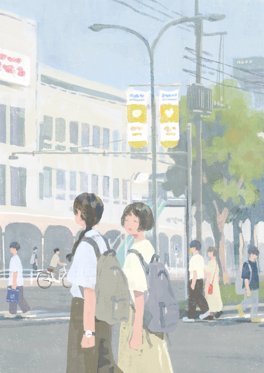 2others 3girls 5boys absurdres backpack bag bicycle blue_bag blue_hair brown_bag brown_hair building closed_eyes day grey_bag ground_vehicle hand_in_pocket handbag hayashi_naoyuki highres holding holding_bag lamppost long_hair multiple_boys multiple_girls multiple_others open_mouth original outdoors painterly red_bag road_sign scenery short_hair sign silhouette smile tree utility_pole walking watch wristwatch yellow_footwear