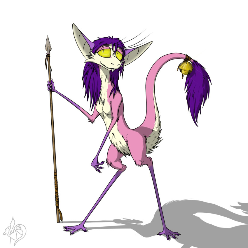 2018 accessory anthro bell breasts digital_media_(artwork) female fur furgonomics hair hi_res holding_object holding_spear holding_weapon mammal melee_weapon out-of-placers pink_body pink_fur polearm purple_hair simple_background smile solo spear standing tail_accessory tail_bell tersethra weapon webcomic white_background yinglet