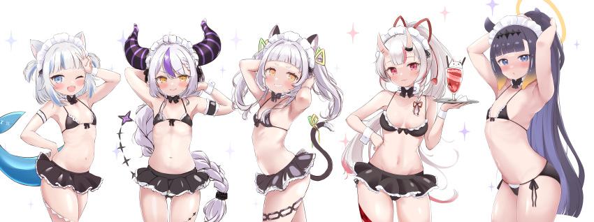 5girls ;d absurdres animal_ears apron arm_garter armpits arms_behind_head arms_up bangs bikini black_bikini black_bow black_bowtie black_skirt blue_eyes blunt_bangs blush bow bowtie braid braided_bangs breasts cat_ears cat_tail choker cleavage cocozasa collar commentary commentary_request cowboy_shot demon_horns drink eyebrows_visible_through_hair fang fish_tail flat_chest frilled_collar frills gawr_gura gradient_hair grin hair_bow hair_ribbon halo hand_on_hip hands_up highres holding hololive hololive_english horns la+_darknesss long_hair looking_at_viewer maid maid_apron maid_bikini maid_headdress micro_bikini miniskirt mole mole_under_eye multicolored_hair multiple_girls murasaki_shion nakiri_ayame narrow_waist navel ninomae_ina'nis one_eye_closed oni oni_horns open_mouth orange_hair pointy_ears poyoyo_(nakiri_ayame) purple_hair red_eyes red_hair red_ribbon ribbon ribs shark_tail sidelocks simple_background single_braid skin-covered_horns skindentation skirt small_breasts smile streaked_hair sweatdrop swimsuit tail tail_ornament tail_ribbon tako_(ninomae_ina'nis) tentacle_hair tentacles twintails virtual_youtuber white_background white_hair wrist_cuffs yellow_eyes