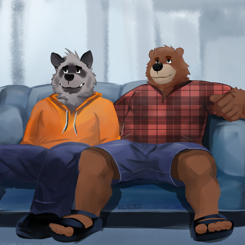 2022 anthro bottomwear brown_bear brown_body clothing dave_(password) dean_(password) duo furniture grey_body hi_res hoodie hyaenid male mammal overweight overweight_male pants password_(visual_novel) shirt sitting sofa striped_hyena topwear uiojk ursid ursine video_games visual_novel