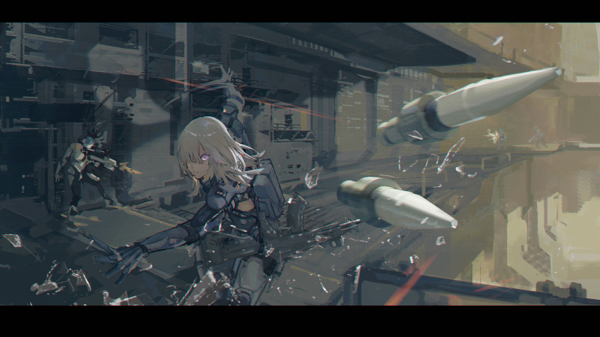 1girl ak-15 ak-15_(girls'_frontline) assault_rifle attack bangs bullet commentary_request firing girls'_frontline glass_shards gun hair_over_one_eye highres holding holding_gun holding_weapon indoors kalashnikov_rifle long_hair looking_at_viewer mai_(xskdizzy) open_mouth purple_eyes rifle serious strelet_(girls'_frontline) tactical_clothes teeth weapon