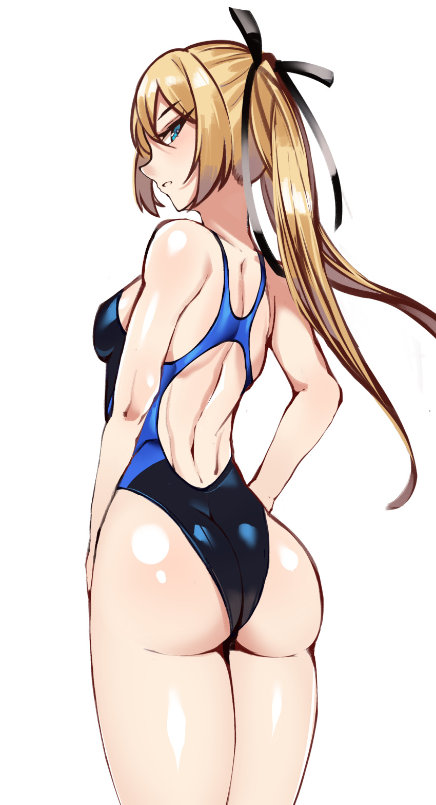 1girl absurdres ass black_swimsuit blonde_hair blue_eyes breasts commentary_request competition_swimsuit cowboy_shot dead_or_alive dead_or_alive_5 from_behind highres long_hair looking_at_viewer looking_back marie_rose one-piece_swimsuit simple_background small_breasts solo standing swimsuit volyz white_background