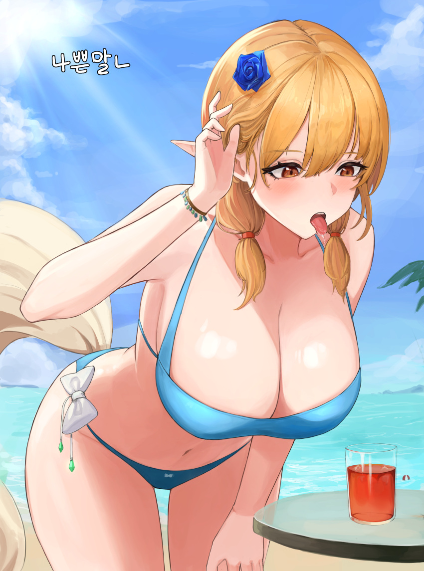 1girl absurdres bangs beach bikini blonde_hair blue_bikini blue_flower blue_rose blush bow breasts brown_eyes buff_bard cleavage cloud commission cowboy_shot drink eyebrows_visible_through_hair flower fox_tail hair_between_eyes hair_flower hair_ornament hand_in_own_hair highres huge_breasts leaning_forward long_hair original outdoors pointy_ears rose saliva sand sky solo sunlight swimsuit tail thighs tongue tongue_out twintails wristband