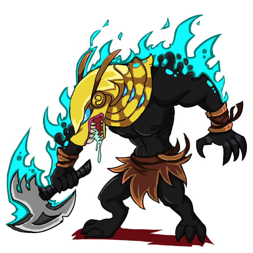 angry axe bakari blue_fire bodily_fluids boiling bottomwear clothing colored_fire deity demon drooling egyptian_mythology fangame fire glowing glowing_eyes growling kilt loincloth melee_weapon middle_eastern_mythology minion_of_set monster muscular mythology pecs saliva samurai_jack set_(deity) set_(species) set_beast shendyt skirt tcrakman torn_clothing weapon wristband