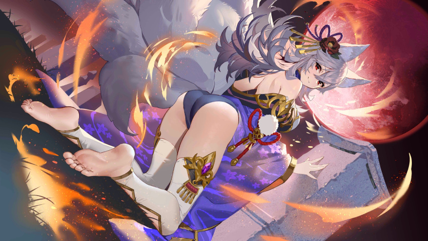 1girl animal_ears arched_back ass bangs bare_shoulders closed_mouth dutch_angle evertale flower fox_ears fox_girl fox_tail from_behind full_body full_moon hair_between_eyes hair_flower hair_ornament hand_up highres kneeling long_hair looking_at_viewer looking_back moon multiple_tails mysha night off_shoulder official_art red_eyes red_moon solo tail teffish thighhighs toeless_legwear white_hair white_legwear
