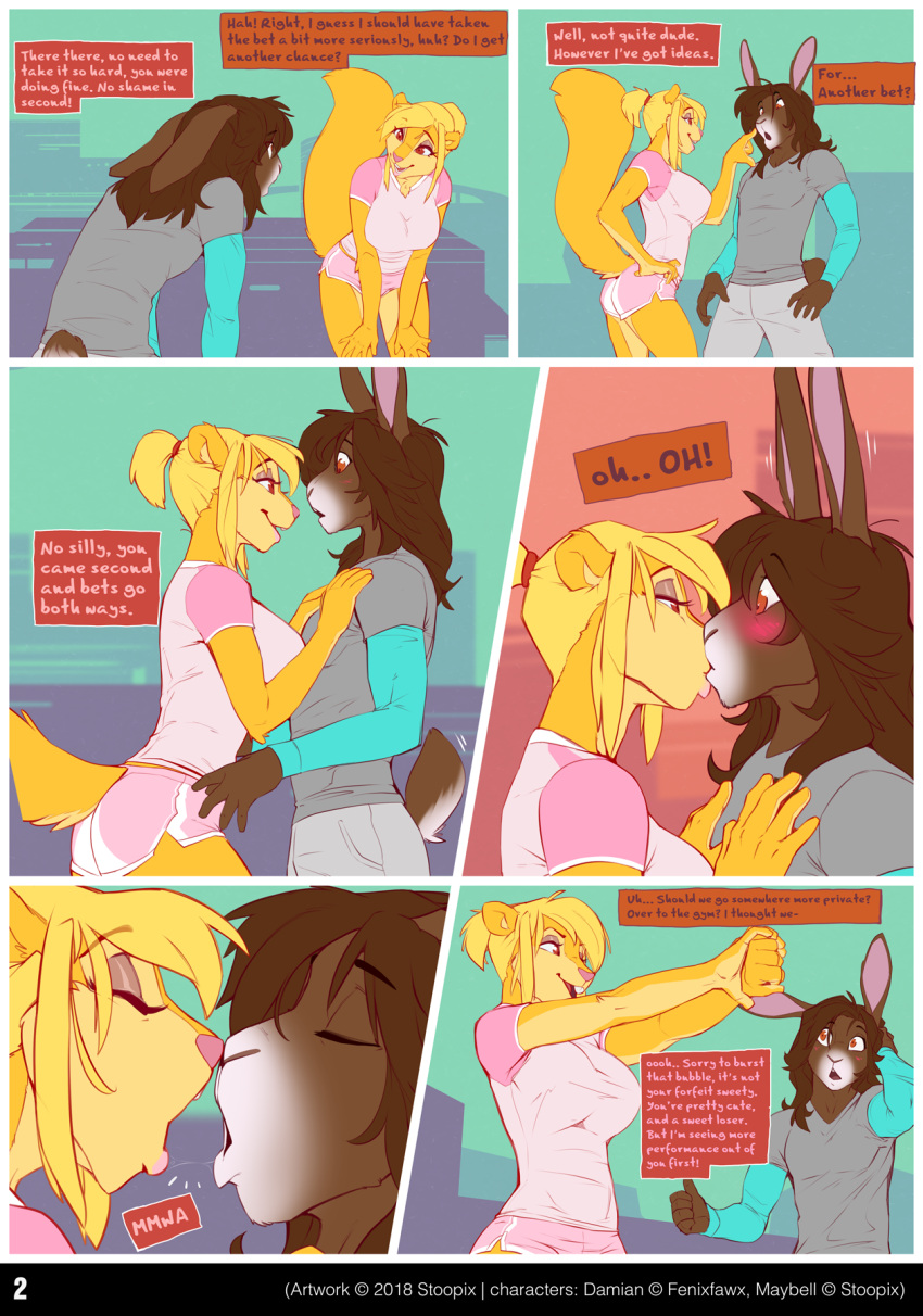 2018 anthro breasts clothed clothing comic damian_weir dialogue digital_media_(artwork) duo english_text female fur hair hi_res kissing lagomorph leporid male mammal maybell open_mouth rabbit rodent sciurid stoopix text tree_squirrel
