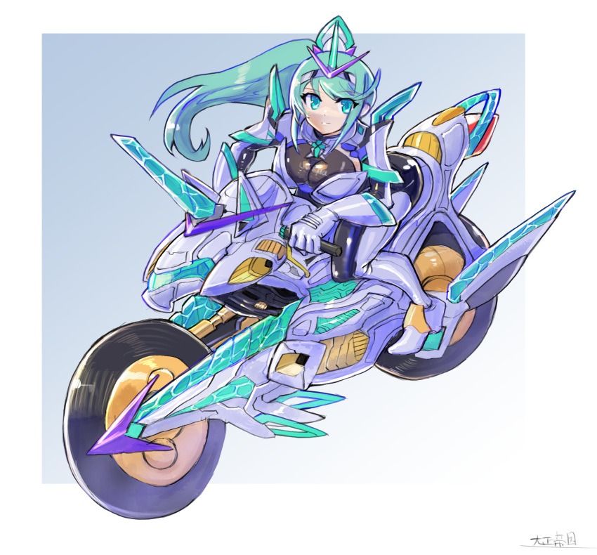 1girl bangs bodysuit breasts chest_jewel gloves green_eyes green_hair ground_vehicle highres large_breasts long_hair motor_vehicle motorcycle oomasa_teikoku pneuma_(xenoblade) ponytail skin_tight solo swept_bangs tiara very_long_hair xenoblade_chronicles_(series) xenoblade_chronicles_2