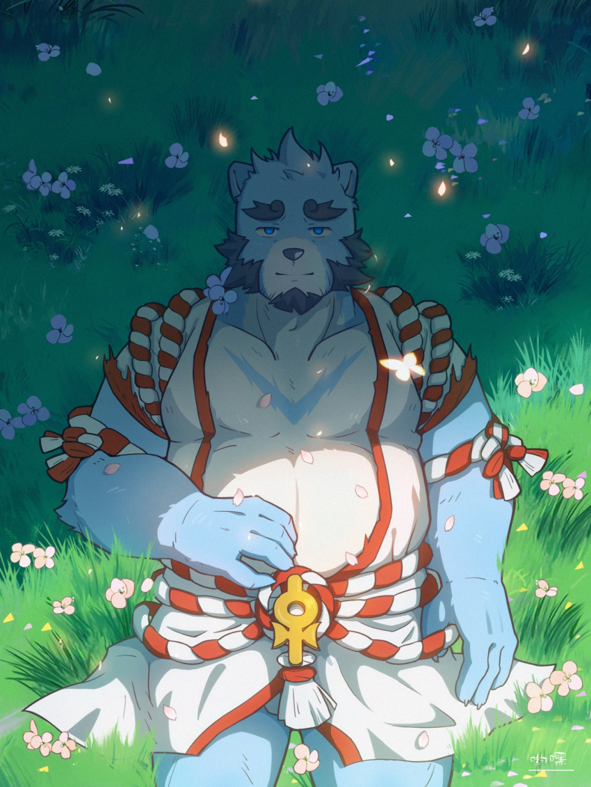 2021 anthro beard belly big_belly blue_body bonasiah clothed clothing detailed_background facial_hair full_attack hi_res lying male mammal mercblue2 outside overweight overweight_male solo sophring_jie ursid white_body