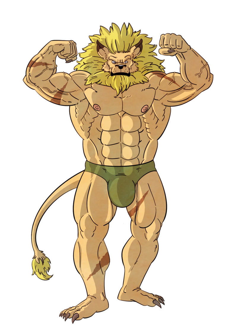 bandai_namco beard blonde_hair bulge clothed clothing digimon digimon_(species) facial_hair flexing hair hi_res leomon male mane nipples pose scar solo topless underwear veiny_muscles vixalexus