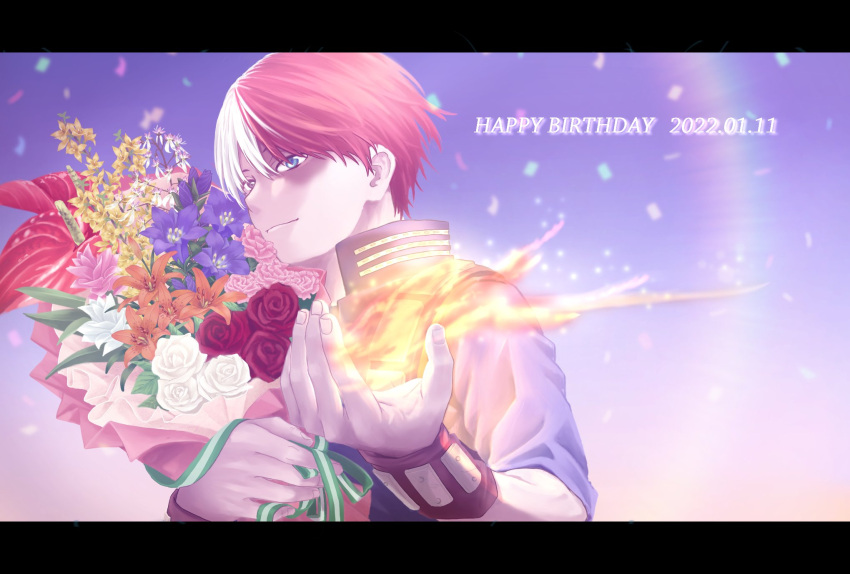 1boy bangs blue_eyes boku_no_hero_academia bouquet burn_scar closed_mouth commentary confetti element_bending fire flower green_ribbon happy_birthday heterochromia highres holding holding_bouquet ko10_02 letterboxed looking_at_viewer male_focus multicolored_hair orange_flower pink_flower purple_background pyrokinesis red_flower red_hair red_rose ribbon rose scar scar_across_eye scar_on_face short_hair solo split-color_hair todoroki_shouto two-tone_hair white_flower white_hair white_rose wristband yellow_flower