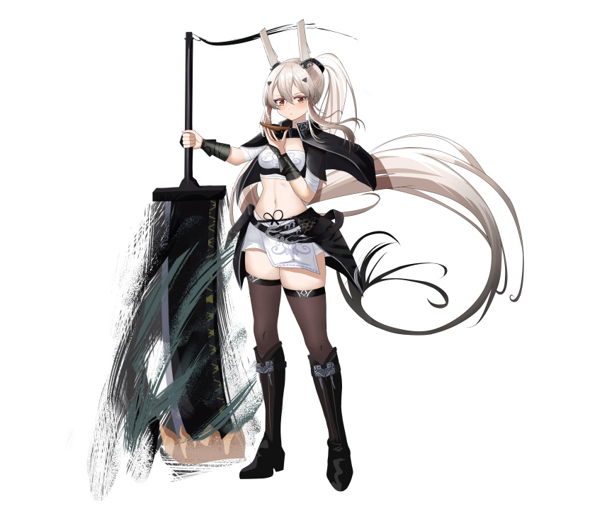 1girl absurdres ayanami_(azur_lane) ayanami_(dynasty_shipgirl)_(azur_lane) azur_lane black_footwear black_legwear blonde_hair boots breasts full_body hand_wraps headgear highres holding holding_weapon huge_weapon jiarenyan knee_boots long_hair looking_at_viewer midriff miniskirt official_alternate_costume orange_eyes ponytail red_eyes simple_background skirt small_breasts solo standing thighhighs transparent_background very_long_hair weapon white_skirt zettai_ryouiki