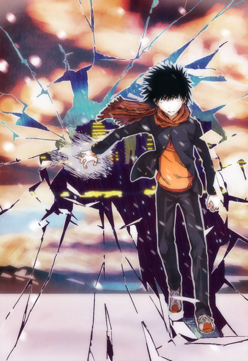 1boy black_hair black_jacket black_legwear black_pants colorized commentary dot_nose fantasy full_body gakuran gazing_eye grey_eyes haimura_kiyotaka highres hood hooded_jacket hoodie jacket kamijou_touma long_sleeves looking_at_viewer magic novel_illustration official_art orange_hoodie outstretched_arm pants scarf school_uniform short_hair solo spiked_hair spoilers toaru_majutsu_no_index toaru_majutsu_no_index:_new_testament walking white_footwear