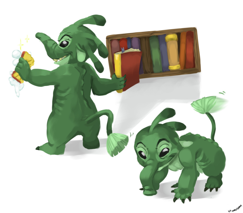 2018 3_toes 4_fingers alien all_fours antennae_(anatomy) black_eyes book bookshelf claws cleaning dipstick_antennae disney evil_grin experiment_(lilo_and_stitch) feet felix_(lilo_and_stitch) fingers fur furniture green_body green_claws green_fur hi_res holding_book holding_object lilo_and_stitch looking_at_viewer multicolored_antennae pavelbaron signature simple_background smile solo sparkles sponge standing tail_motion tailwag toe_claws toes trunk white_background