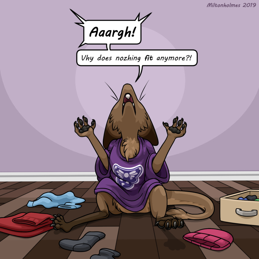 2019 after_transformation anthro barefoot brown_body brown_fur clothing dialogue digital_media_(artwork) english_text feet female frustrated fur hi_res mammal miltonholmes out-of-placers pawpads purple_clothing purple_shirt purple_topwear shirt solo text topwear undertale undertale_(series) video_games webcomic yinglet