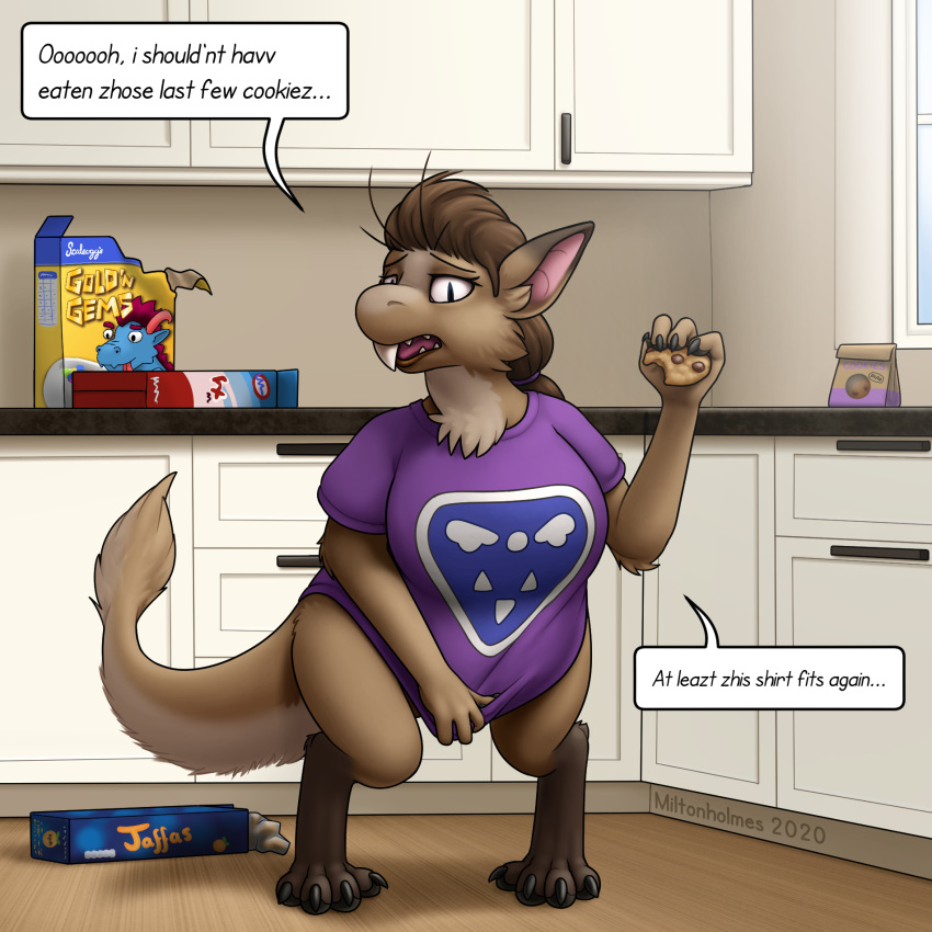 2020 anthro breasts brown_body brown_fur brown_hair clothing cookie dialogue digital_media_(artwork) english_text female food fur hair hi_res holding_cookie holding_food holding_object inside kitchen mammal miltonholmes out-of-placers purple_clothing purple_shirt purple_topwear shirt slightly_chubby solo standing text topwear undertale undertale_(series) video_games webcomic weight_gain yinglet