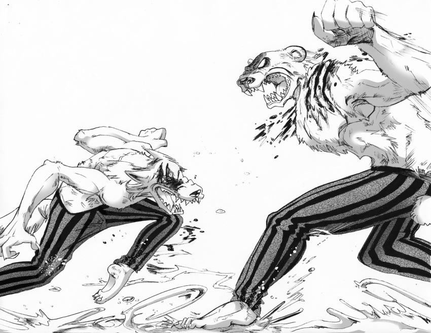 absurd_res action_pose action_scene anthro beastars blood bodily_fluids brown_bear canid canine canis claws comic digital_drawing_(artwork) digital_media_(artwork) duo efradraws eye_scar facial_scar fight fist fur grizzly_bear hi_res legoshi_(beastars) male male/male mammal manga monochrome pose punch riz_(beastars) scar toe_claws ursid ursine water wolf