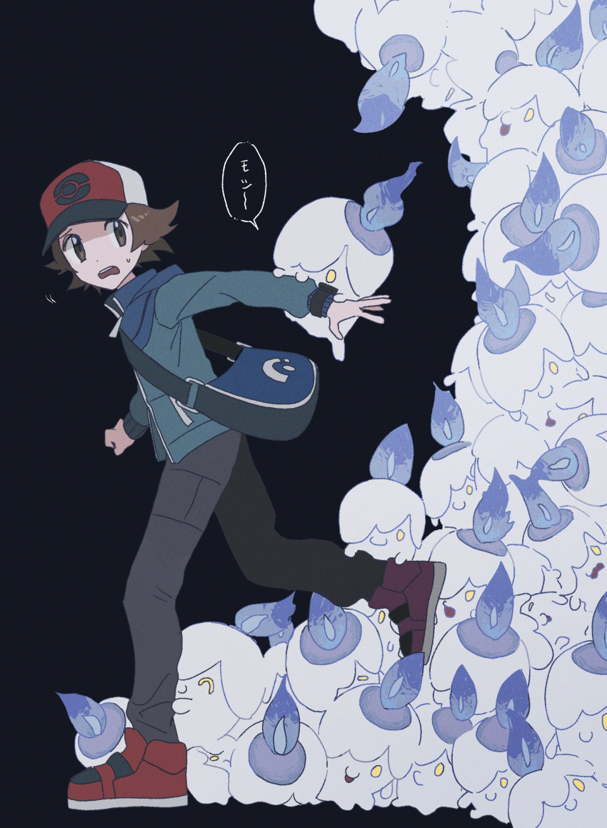 1boy absurdres asagiri_kogen bag blue_jacket brown_eyes brown_hair from_side grey_pants hat highres hilbert_(pokemon) jacket leg_up litwick long_sleeves male_focus messenger_bag open_mouth pants poke_ball_print pokemon pokemon_(creature) pokemon_(game) pokemon_bw red_footwear red_headwear shoes short_hair shoulder_bag standing standing_on_one_leg sweatdrop symbol-only_commentary teeth upper_teeth