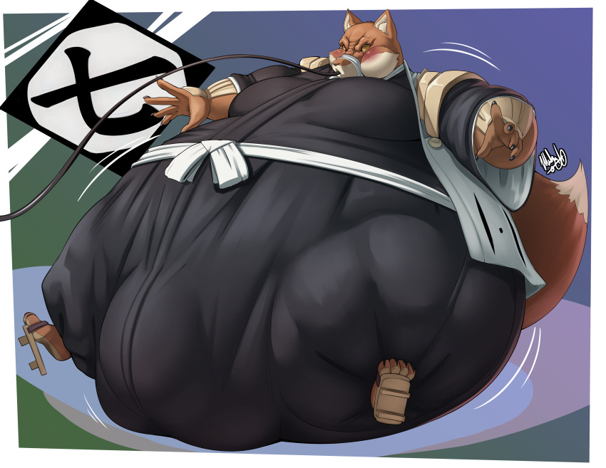 4_toes 5_fingers absurd_res anthro asian_clothing belly belly_expansion belly_inflation big_belly big_bulge black_clothing bleach_(series) blush body_inflation bottomwear brown_body brown_fur bulge canid canine canis cheek_bulge claws clothing countershading east_asian_clothing expansion feet fingers footwear fur geta gradient_background hakama haori hi_res hose_in_mouth hose_inflation huge_bulge hyper hyper_bulge inflation japanese_clothing looking_at_belly looking_down looking_down_at_self male mammal milkybody moobs motion_lines puffed_cheeks sajin_komamura shadow simple_background sitting solo taped_mouth toes wolf yellow_sclera