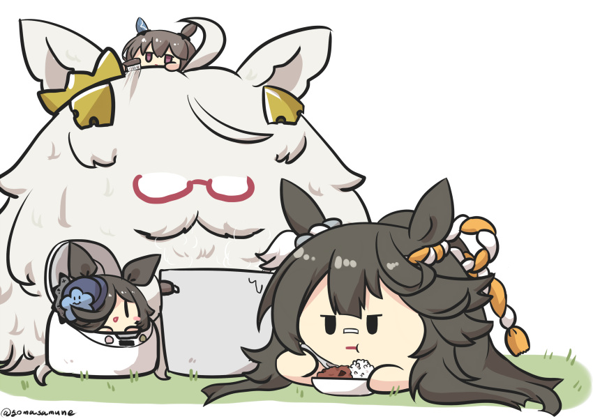 4girls :d absurdres admire_vega_(umamusume) ahoge animal_ears bangs biwa_hayahide_(umamusume) black_hair blue_headwear blush_stickers curry curry_rice eating food glasses goma_(gomasamune) grass hair_between_eyes hair_over_one_eye hat_ornament highres holding holding_spoon horse_ears long_hair multiple_girls narita_brian_(umamusume) on_grass on_head parted_lips ponytail pot purple_eyes red-framed_eyewear rice rice_cooker rice_shower_(umamusume) semi-rimless_eyewear simple_background smile spoon star_(symbol) star_hat_ornament tilted_headwear umamusume under-rim_eyewear white_background |_|