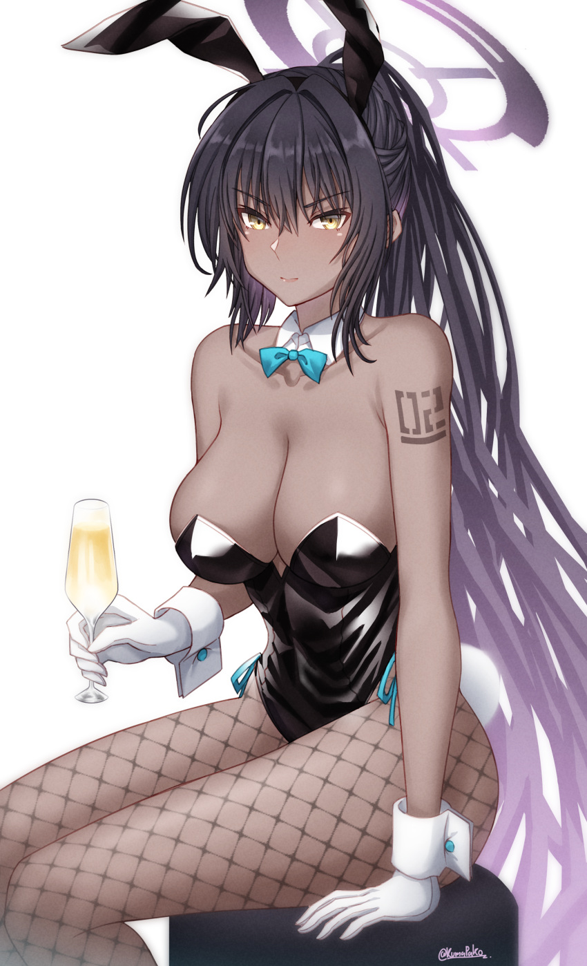 1girl absurdres alcohol animal_ears aqua_bow aqua_bowtie bangs bare_arms bare_shoulders black_hair black_leotard blue_archive bow bowtie breasts champagne cleavage closed_mouth collarbone commentary_request constricted_pupils cup dark-skinned_female dark_skin detached_collar eyebrows_visible_through_hair fake_animal_ears fake_tail fishnet_legwear fishnets glass gloves hair_between_eyes halo high_ponytail highleg highleg_leotard highres holding holding_cup karin_(blue_archive) karin_(bunny_girl)_(blue_archive) kumapako large_breasts leotard long_hair looking_at_viewer multicolored_hair no_bra number_tattoo official_alternate_costume playboy_bunny pointy_nose purple_hair rabbit_tail shadow side-tie_leotard signature simple_background sitting solo stool strapless strapless_leotard streaked_hair tail tattoo traditional_bowtie two_side_up v-shaped_eyebrows very_long_hair white_background white_gloves wrist_cuffs yellow_eyes