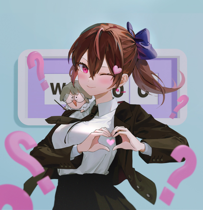 1girl ;) ? absurdres bangs black_jacket black_necktie black_skirt blazer blue_bow blush bow brown_hair cccc2445 collared_shirt dress_shirt hair_between_eyes heart heart_hands highres jacket jururu long_hair long_sleeves looking_at_viewer necktie one_eye_closed pleated_skirt ponytail purple_eyes school_uniform shirt skirt smile waktaverse white_shirt wind