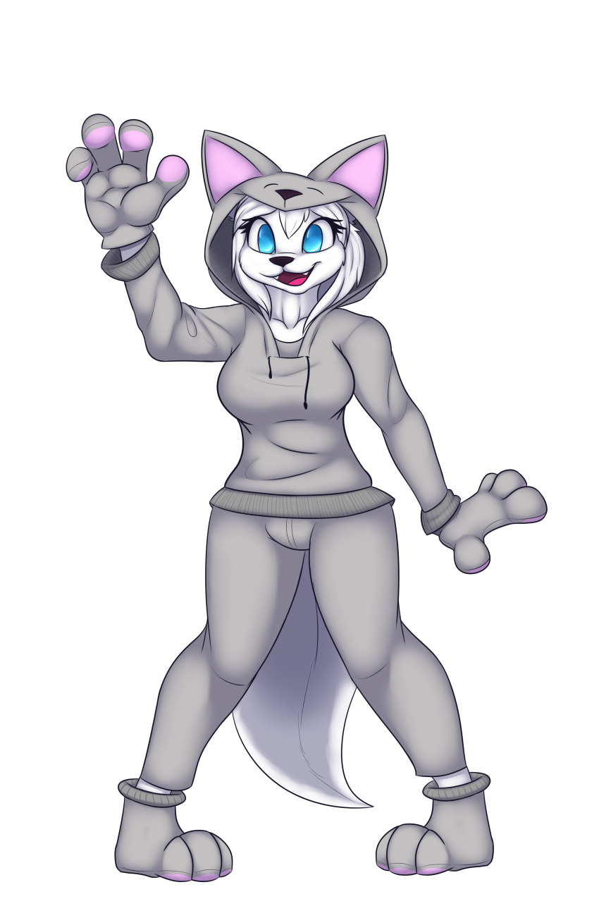 absurd_res anthro big_breasts big_tail blue_eyes breasts canid canine canis clothing disguise female fluffy fluffy_tail front_view fur grey_clothing hair hi_res humanoid looking_at_viewer luna_the_wolf mammal pawpads pink_pawpads smile solo sweatshirt tongue topwear twtr white_body white_fur white_hair wolf wolf_ears