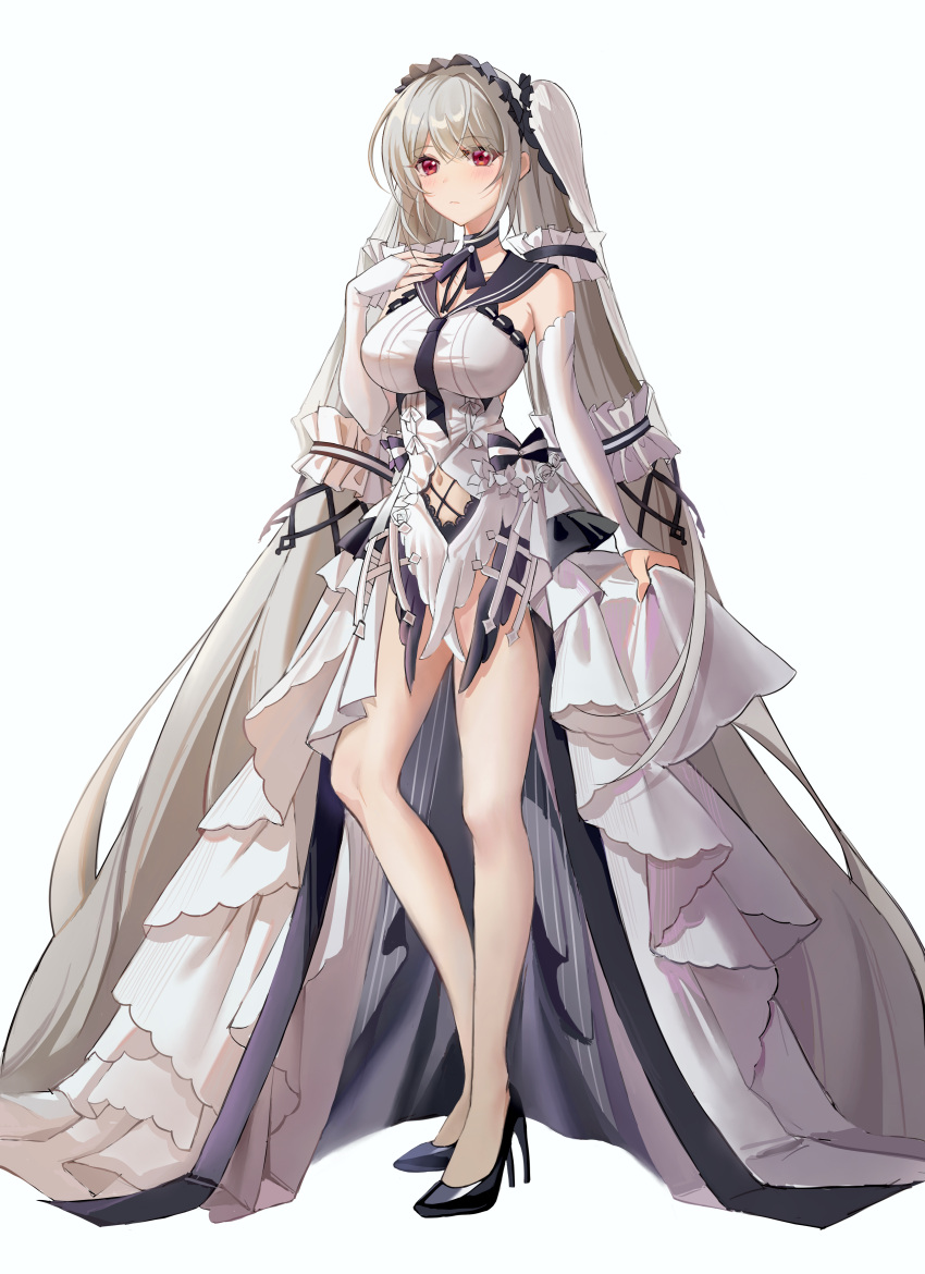 1girl absurdly_long_hair absurdres azur_lane bare_legs black_choker black_footwear black_ribbon blush bow breasts bridal_gauntlets ccclann chinese_commentary choker closed_mouth clothing_cutout dress dress_bow eyebrows_visible_through_hair feather_dress formidable_(azur_lane) formidable_(timeless_classics)_(azur_lane) frilled_dress frills full_body gloves grey_hair hair_between_eyes hair_intakes hair_ribbon hair_tubes high_heels highres large_breasts legs long_hair looking_at_viewer midriff navel navel_cutout official_alternate_costume red_eyes ribbon sailor_collar simple_background solo standing thighs twintails very_long_hair white_background white_dress white_gloves