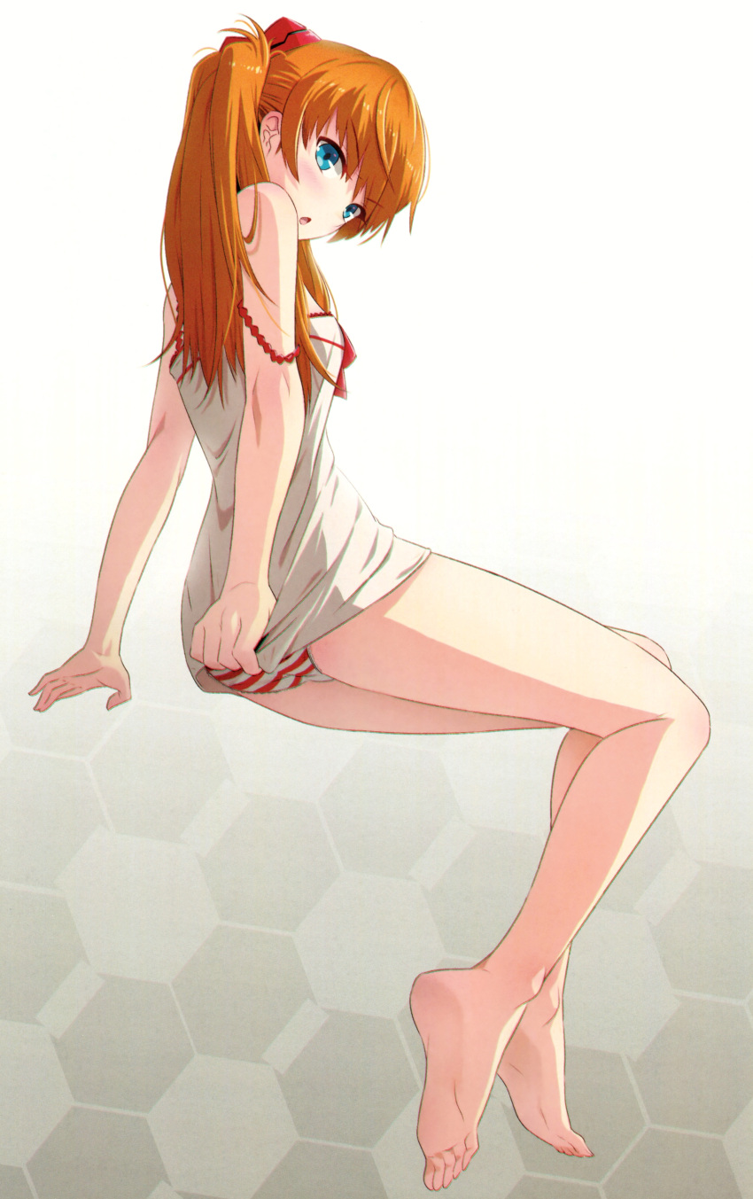 1girl 40hara absurdres ass bangs bare_arms bare_shoulders barefoot blue_eyes blush breasts covering covering_ass eyebrows_visible_through_hair full_body gradient gradient_background hair_ornament highres interface_headset long_hair looking_at_viewer looking_back neon_genesis_evangelion open_mouth orange_hair panties pulled_by_self rebuild_of_evangelion scan shiny shiny_hair simple_background small_breasts solo souryuu_asuka_langley striped striped_panties thighs toes underwear