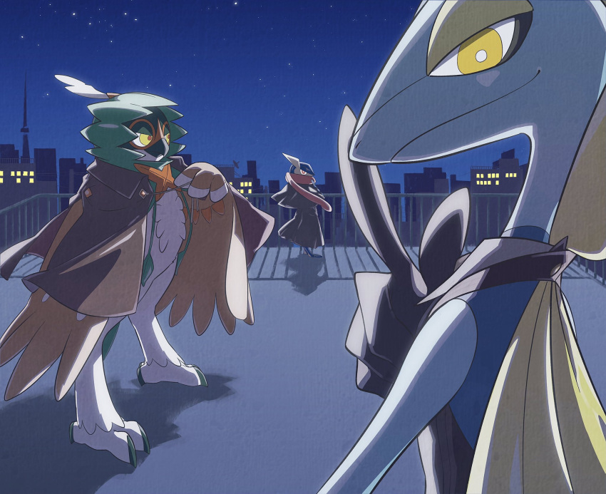 bright_pupils closed_mouth commentary_request decidueye fence greninja hand_up highres index_finger_raised inteleon night no_humans outdoors pkpokopoko3 pokemon pokemon_(creature) sky smile standing star_(sky) white_pupils yellow_eyes