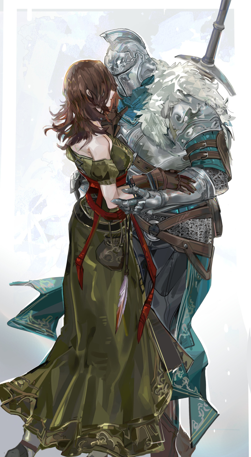 1boy 1girl absurdres armor bare_shoulders bearer_of_the_curse brown_hair chainmail dark_souls_(series) dark_souls_ii dress emerald_herald fur_trim gauntlets gloves greatsword helmet highres holding long_hair nslacka pouch surcoat sword weapon weapon_on_back white_background