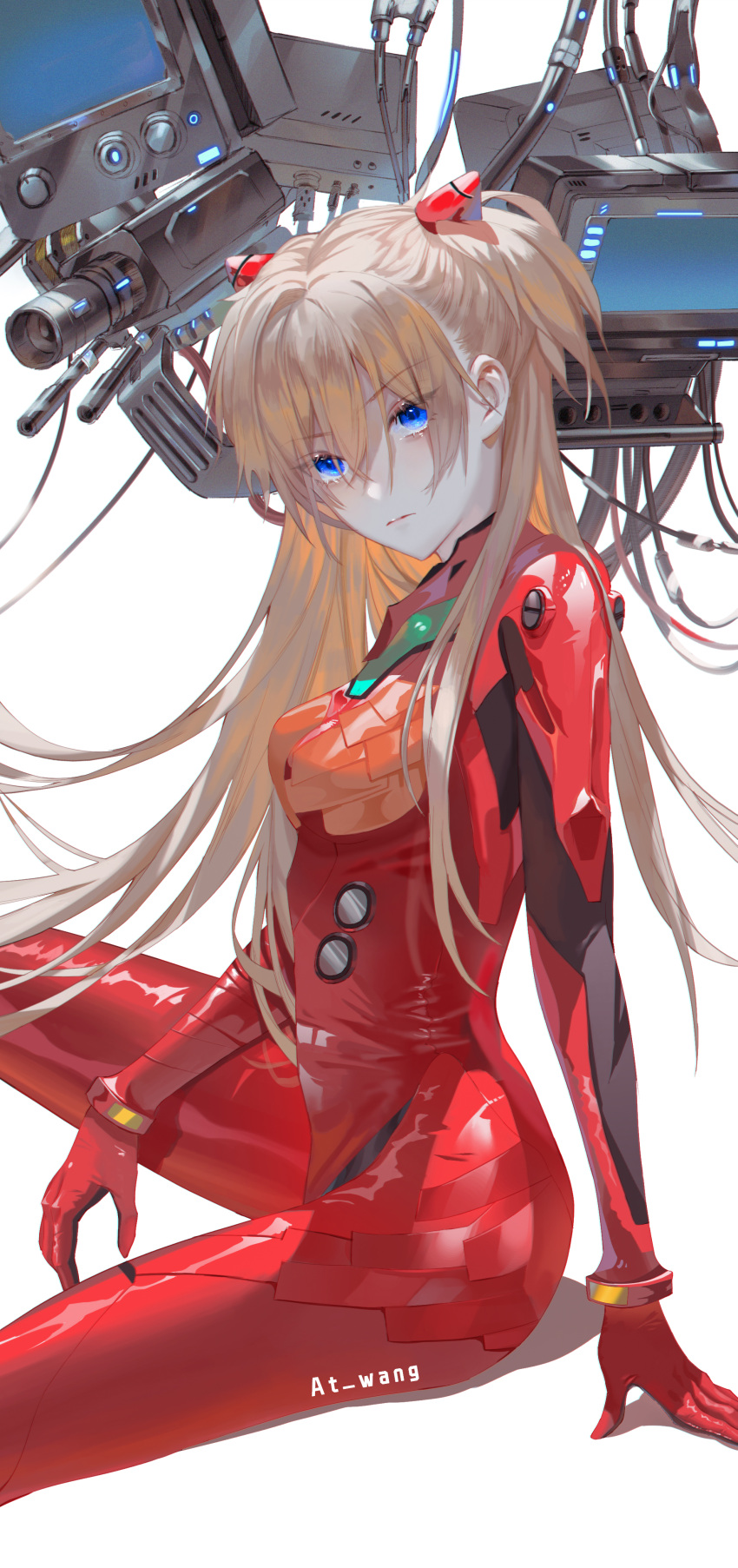 1girl absurdres at_wang blue_eyes bodysuit camera closed_mouth eyebrows_visible_through_hair highres neon_genesis_evangelion on_floor plugsuit red_bodysuit simple_background solo souryuu_asuka_langley white_background