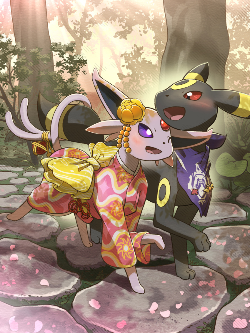 ;d blush clothed_pokemon commentary_request day espeon hakkentai_pokedan highres no_humans one_eye_closed open_mouth outdoors petals pokemon pokemon_(creature) pokemon_(game) pokemon_unite purple_eyes red_eyes rope smile standing tongue tree umbreon