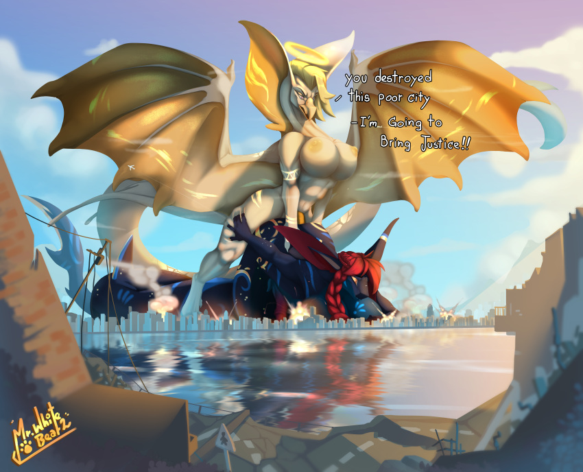 absurd_res aircraft airplane all_fours anthro apode big_breasts blonde_hair blue_body breasts building capcom city city_background city_crushing cityscape cloud destroyed_building destruction digital_media_(artwork) doggystyle draconcopode duo erection explosion feet fish flying_wyvern from_behind_position fsmaverick genitals hair halo herm hi_res intersex intersex/intersex legiana legless macro macro_domination male marine markings mointain monster_hunter mr.whitebear naga nipples nude open_mouth outside paws penetration penis red_hair reflection reptile scalie sea serpentine sex shark smile snake spread_wings text video_games water white_body wings