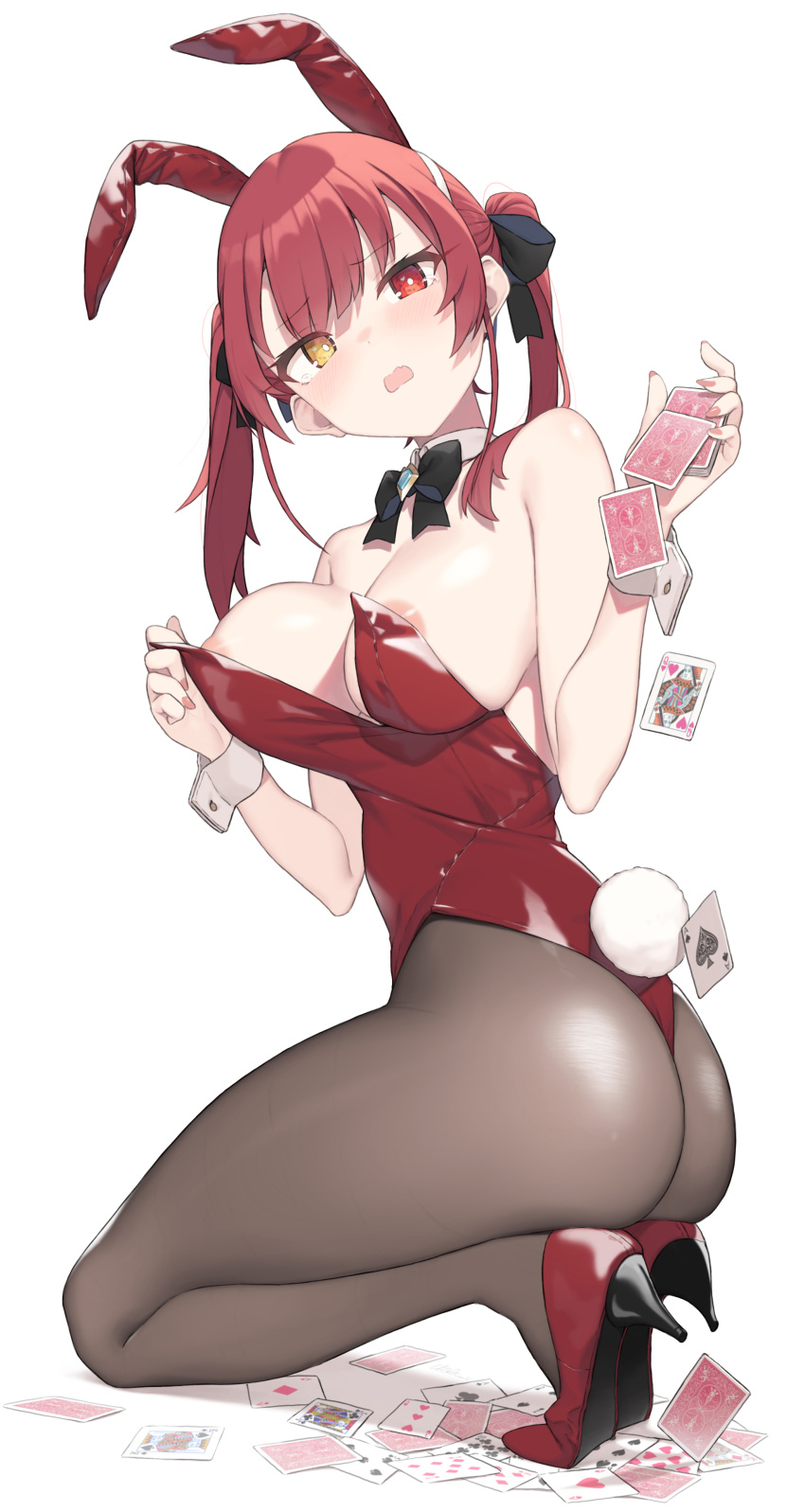 1girl absurdres animal_ears areola_slip ass bangs bare_shoulders black_legwear blush breasts card cloba detached_collar eyebrows_visible_through_hair fake_animal_ears hair_ribbon heterochromia high_heels highres hololive houshou_marine kneeling large_breasts leotard long_hair looking_at_viewer pantyhose playboy_bunny playing_card rabbit_ears rabbit_tail red_eyes red_footwear red_hair ribbon solo strapless strapless_leotard tail twintails virtual_youtuber white_background wrist_cuffs yellow_eyes