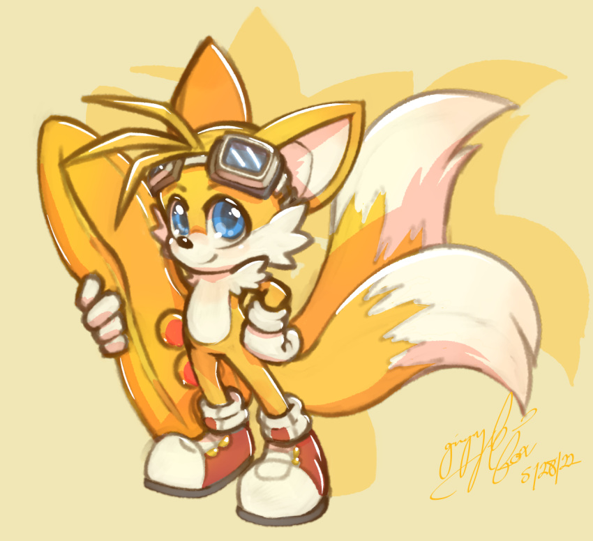 blue_eyes clothing eyewear footwear fur gingy_k_fox gloves goggles handwear hoverboard looking_at_viewer miles_prower multi_tail sega shoes solo sonic_the_hedgehog_(series) yellow_body yellow_fur