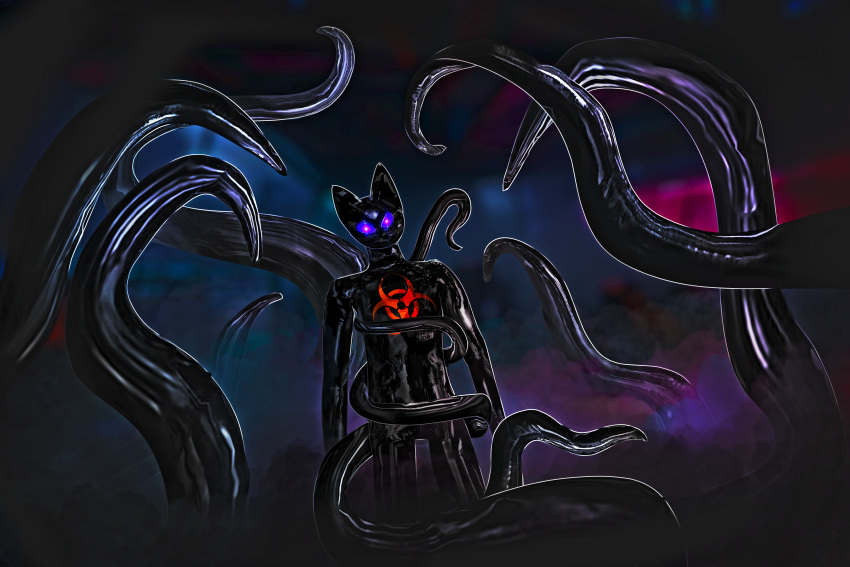 absurd_res alien alien_humanoid ambiguous_gender anthro biohazard_symbol biped blurred_background chem_drone detailed detailed_background digital_drawing_(artwork) digital_media_(artwork) fog glistening glowing glowing_eyes hi_res humanoid latex looking_at_viewer phini rubber rubber_creature shaded solo symbol tendrils tentacles widescreen