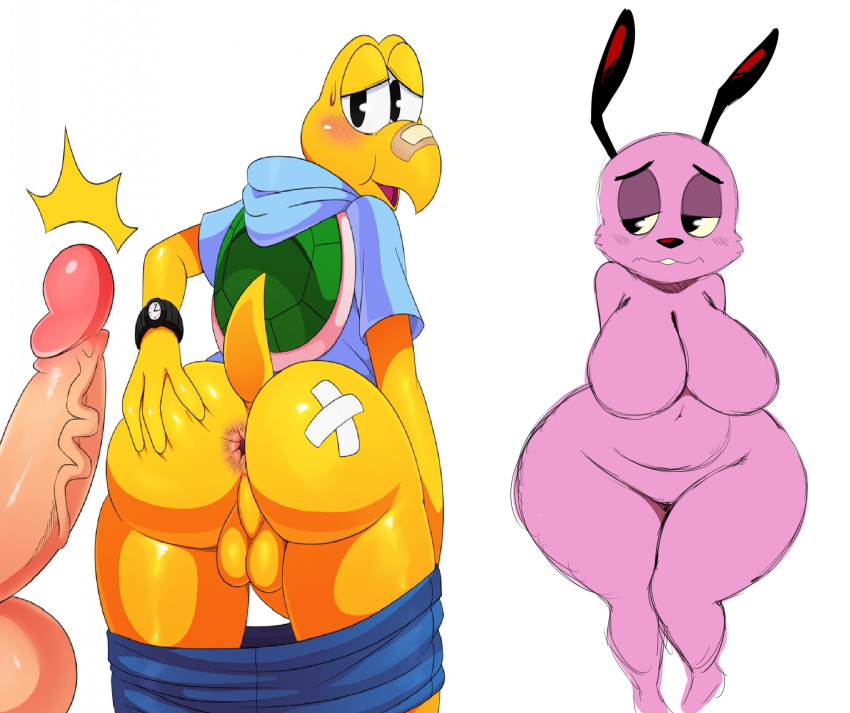 2016 anthro anus backsack balls bandage beagle belly big_butt biped blush bodily_fluids bottomwear bottomwear_down breasts butt butt_grab canid canine canis cartoon_network clock clothed clothing courage_the_cowardly_dog courage_the_cowardly_dog_(character) crossgender crossover curvy_figure deep_skin digital_media_(artwork) domestic_dog duo embarrassed erection featureless_breasts featureless_crotch female front_view fur genitals green_shell half-closed_eyes hand_on_butt hi_res huge_hips human human_on_anthro humanoid_genitalia humanoid_penis hunting_dog imminent_sex interspecies koopa koopa_troopa koops looking_back male male/female male/male mammal mario_bros narrowed_eyes navel nintendo nude open_mouth pants pants_down paper_mario paper_mario:_the_thousand_year_door partially_clothed penis pink_body pink_fur presenting presenting_hindquarters rear_view reptile scalie scent_hound shell shirt shorts shorts_down simple_background slightly_chubby solo spread_anus spread_butt spreading sssonic2 standing sweat sweatdrop thick_thighs topwear turtle_shell vein veiny_penis video_games voluptuous watch white_background wide_hips