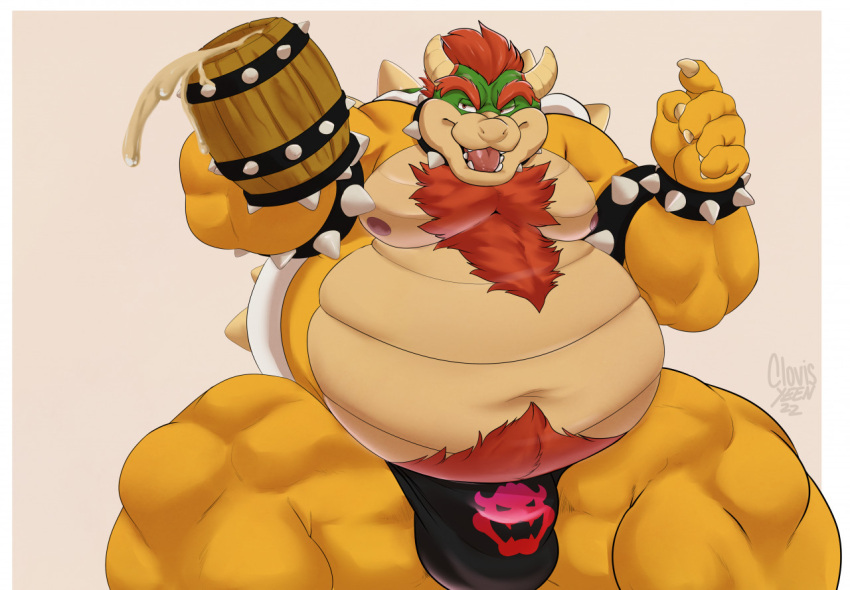 anthro belly big_belly body_hair bowser bulge chest_hair clovishusky collar hair koopa male mario_bros mature_male muscular muscular_male nintendo overweight red_hair reptile scalie solo turtle video_games