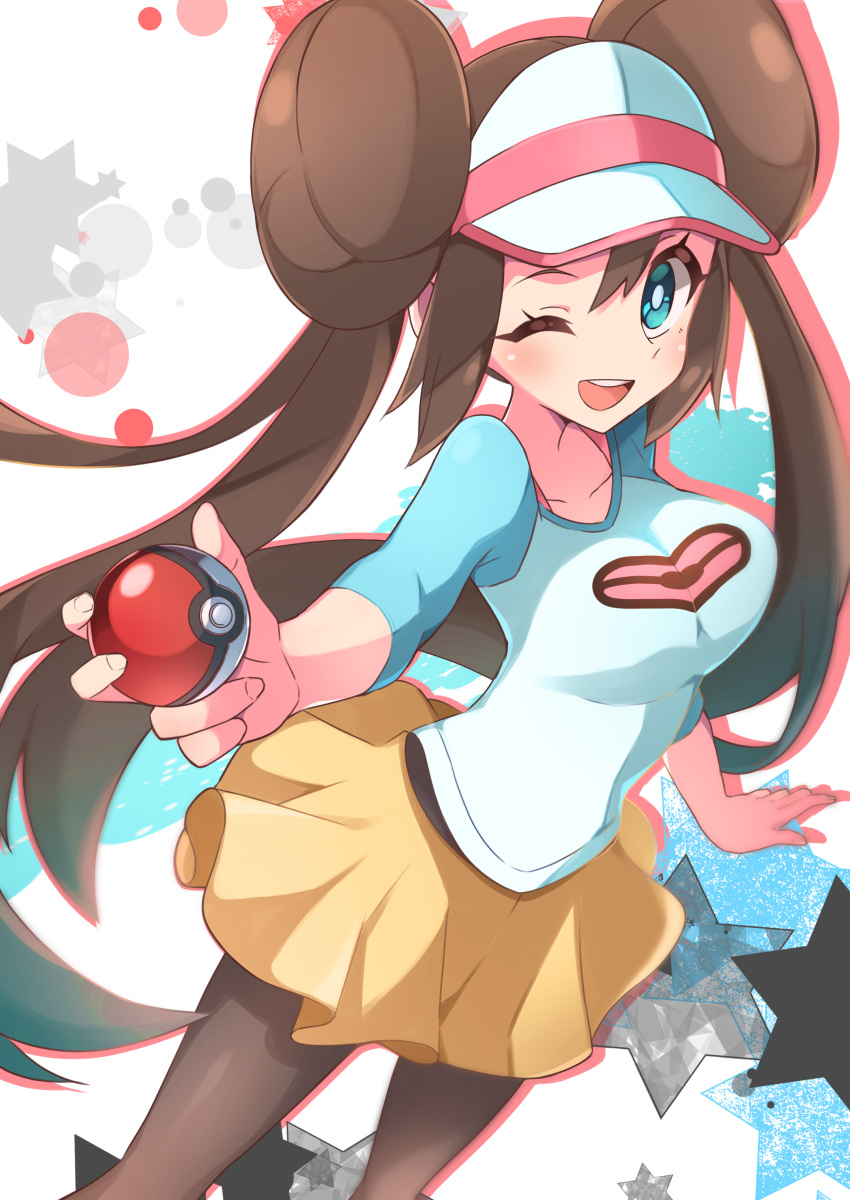 1girl ;d absurdres bangs blush breasts bright_pupils brown_hair brown_legwear collarbone commentary double_bun eyelashes floating_hair hair_between_eyes highres holding holding_poke_ball large_breasts legwear_under_shorts long_hair miyama-san one_eye_closed open_mouth pantyhose poke_ball poke_ball_(basic) pokemon pokemon_(game) pokemon_bw2 raglan_sleeves rosa_(pokemon) shirt short_shorts shorts smile solo teeth tongue twintails upper_teeth visor_cap white_pupils yellow_shorts