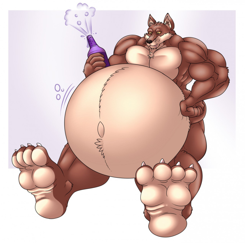 4_toes 5_fingers anthro belly belly_expansion belly_inflation belly_tuft beverage big_belly big_feet big_muscles black_nose bleach_(series) brown_body brown_fur bubble bubbly canid canine canis claws eggo21 expansion eyebrows feet fingers fur hand_on_hip hand_on_stomach hi_res holding_beverage holding_object inflation looking_at_belly looking_down looking_down_at_self male mammal motion_lines musclegut muscular muscular_anthro muscular_male navel sajin_komamura simple_background sitting soda soda_bottle solo tan_belly toes tuft whiskers white_background wolf yellow_sclera