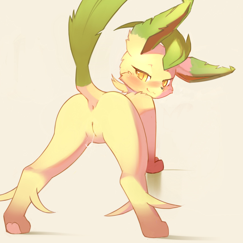 1girl :3 ancesra animal_ears animal_feet animal_hands animal_nose anus ass ass_focus bent_over blush body_fur brown_background brown_fur closed_mouth from_behind full_body furry furry_female green_hair half-closed_eyes happy highres leafeon legs_apart looking_at_viewer looking_back non-web_source nose_blush pawpads pokemon pokemon_(creature) presenting pussy pussy_juice short_hair simple_background smile snout solo split_mouth standing tail tail_raised two-tone_fur uncensored yellow_eyes yellow_fur