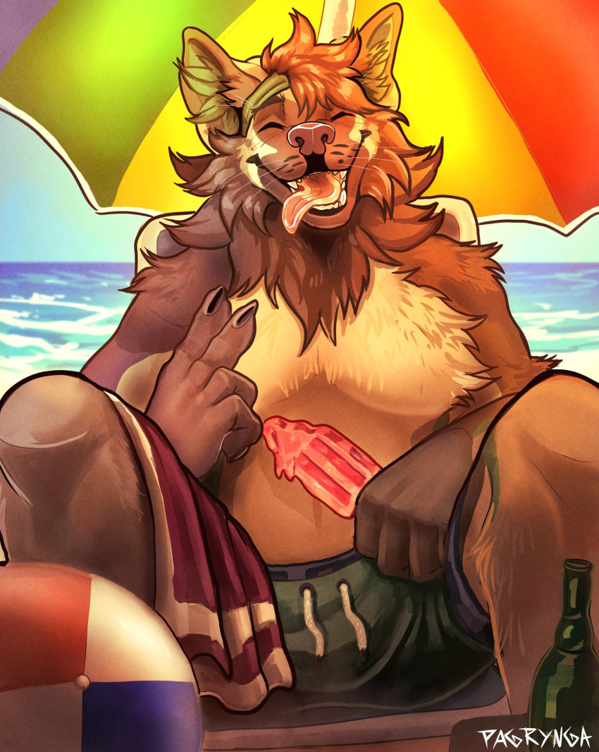 ball beach beach_ball bottle brown_body brown_fur brown_nose bulge canid clothed clothing digital_media_(artwork) food fur gesture happy hi_res holding_object inflatable inner_ear_fluff mammal narrowed_eyes neck_tuft open_mouth open_smile outside pagrynga popsicle popsicle_melting sea seaside shirtless_anthro shirtless_male sitting skimpy sky smile squint swimming_trunks swimwear tan_body tan_fur teeth tongue tongue_out towel towel_on_lap tuft umbrella v_sign water whiskers