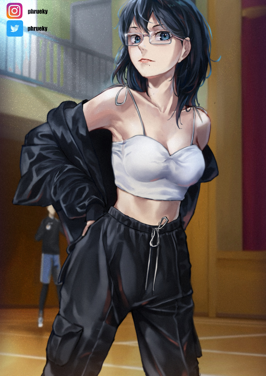 1girl absurdres black_hair black_pants blue_eyes breasts camisole cargo_pants cleavage crop_top glasses gym haikyuu!! highres instagram_username lips looking_at_viewer medium_breasts medium_hair midriff mole mole_under_mouth off_shoulder open_clothes pants phruekey rimless_eyewear shimizu_kiyoko solo spaghetti_strap twitter_username